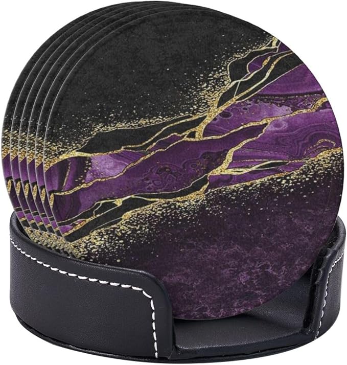 6 Pcs Abstract Black and Purple Marble Leather Coasters - Image 6