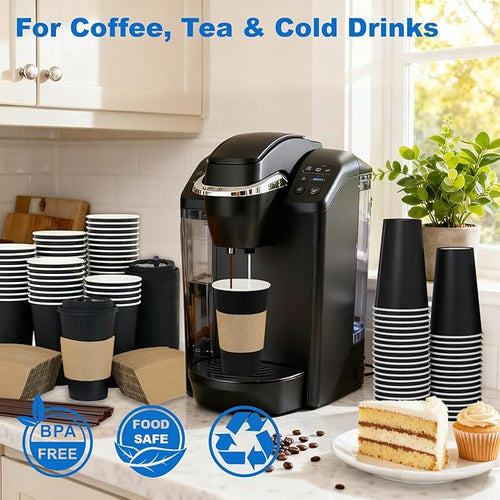 16 oz Coffee Cups + 16 Extra Cups Bulk Disposable To-Go Paper Cups with Lids and Sleeves for Hot Beverage, Chocolate, Cocoa, Office Supplies, Coffee Bar Accessories (100 Pack + 16 Extra Cups, Black)