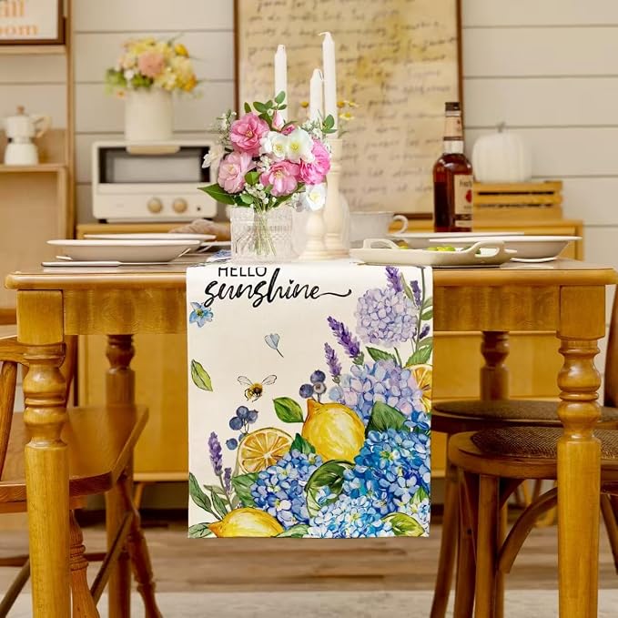 Summer Lemon Table Runner Hydrangeas Burlap Table Runners - Image 3