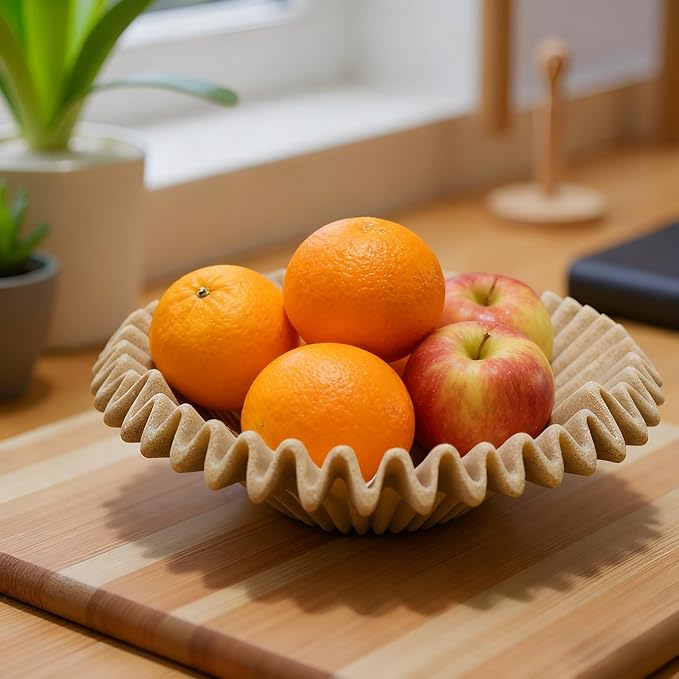 Large Decorative Bowl decor, Scalloped Pedestal Bowls for Modern Home Decor,Ruffle Decor,Stylish Key Bowl for Entry Table,Decorative Fruit Bowl for Kitchen Counter,Artificial Stone Beige