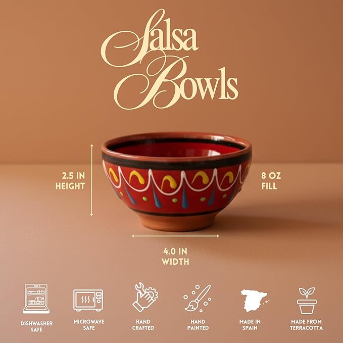 Cactus Canyon Ceramics Salsa Bowls - Spanish Terracotta Multicolor Decor - Small Serving Bowl (European Size), Festive Dinnerware 5 Piece Set - Dishwasher & Microwave Safe