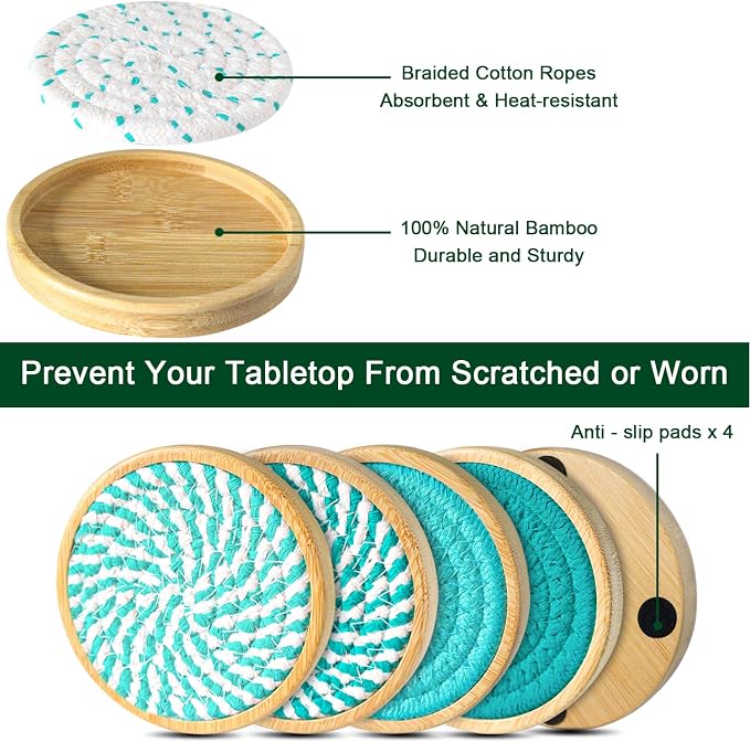 Eykao Bamboo Coasters for Drinks, Absorbent Coaster Sets of 5, Woven Drink - Image 5