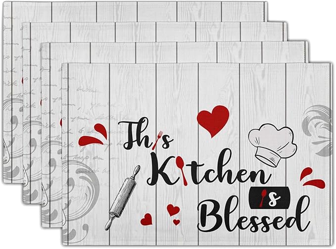 Farmhouse Kitchen Table Placemats - Rustic Place Mats Set of 4 White Wood Table Mats 12x18 for Party Dining Table