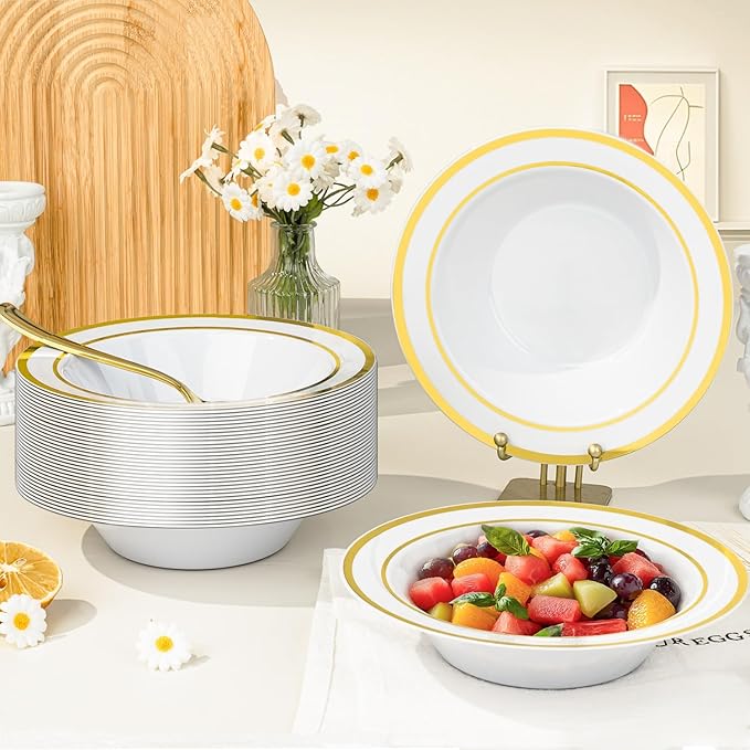 BESTVIP 200 Pack Plastic Bowls with Gold Rim, 12 Oz Disposable Bowls Disposable Bowls for Parties, Wedding, Christmas, Soak Proof Bowls for Breakfast, Lunch, and Dinner Meals