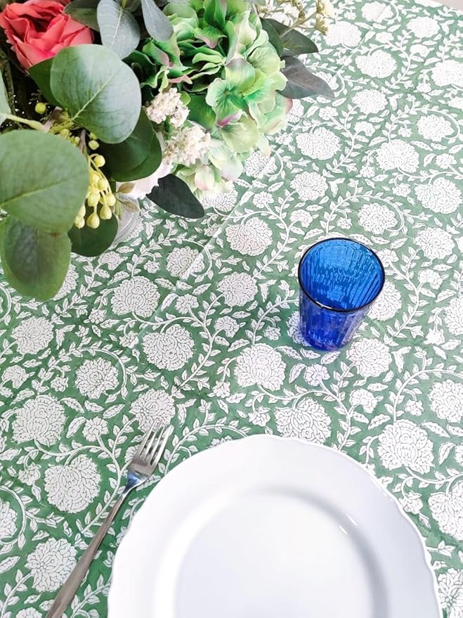 ATOSII Shalimar Green 100% Cotton Square Fall Tablecloth, Handblock Floral Table Cloth Linen for Kitchen Dining I Parties Wedding Outdoors Christmas Thanksgiving I Fall Home Decor 60 X 60 Inches