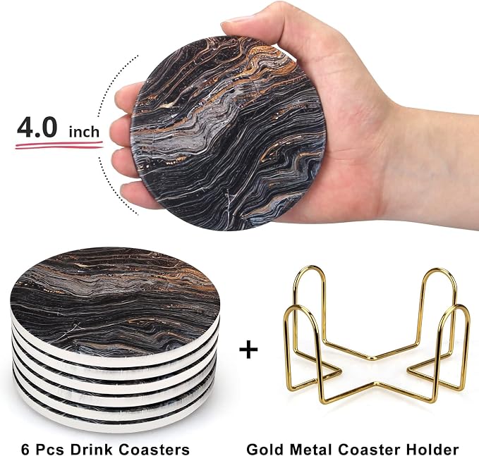 6 Pcs Black Ceramic Stone Modern Coasters - Image 3