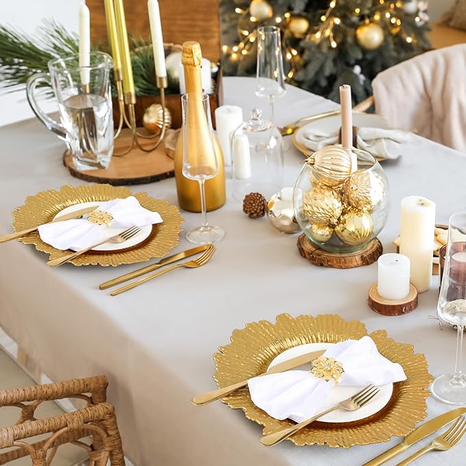 Dandat 100 Pcs Charger Plate Bulk 13'' Floral Reef Plates with Napkin Ring Plastic Dinner Charger Hollow Out Flower Napkin Holder Plastic Plate for Table Setting Wedding Party (Gold)