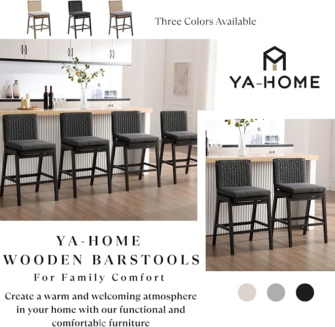 Carbon Black Bar Stools Set of 4, 27.3 Inch Counter Height Stools Upholstered Linen Armless Bar Chairs with Woven Rope Backrest Wooden Legs for Kitchen Island Dining Room