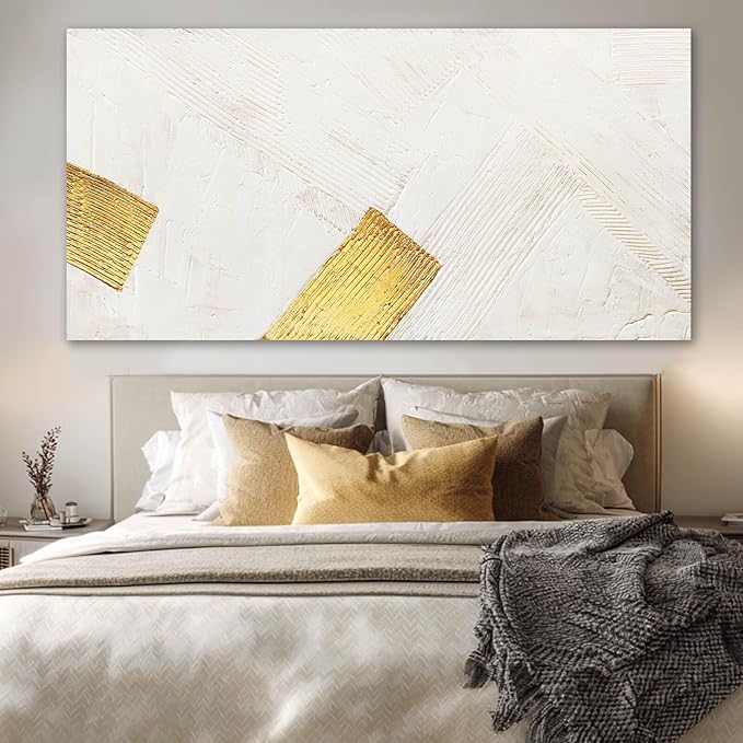 YJYart Large Canvas Wall Art Abstract Wall Decor White Modern Pictures Gold Hand Hand-Drawn Paintings For Home Office Hotel 29"x58"