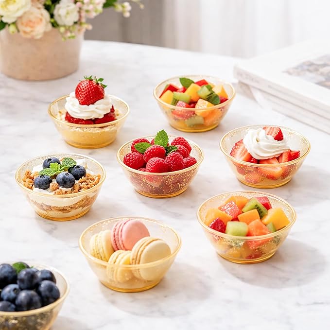 WUWEOT 150 Pack Gold Glitter Mini Plastic Bowls, 6Oz Disposable Dessert Bowls, Round Serving Bowl Small Party Snack Salsa Containers for Wedding Baby Shower Birthday Party