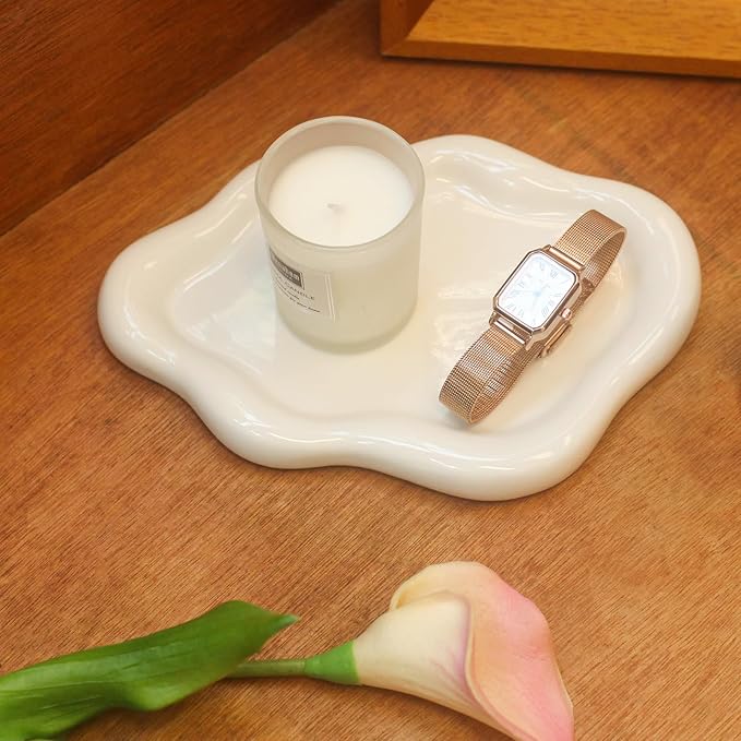 Ceramic Jewelry Tray Trinket Dish, Decorative Cloud Vanity Key Tray for Women, Ring Holder Dish, Cute Jewelry Plate Bowl Room Decor Aesthetic, White, Large