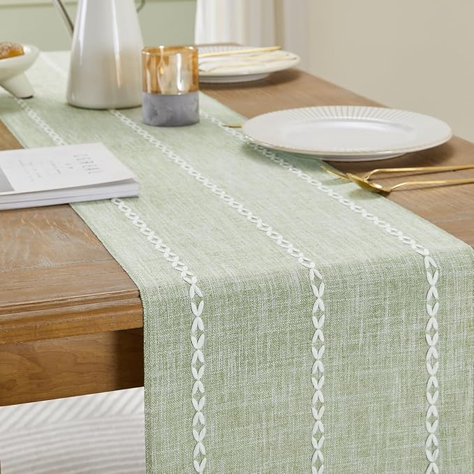 Wracra Rustic Linen Table Runner, Sage Green Table Runners 48 inches Long | - Image 6