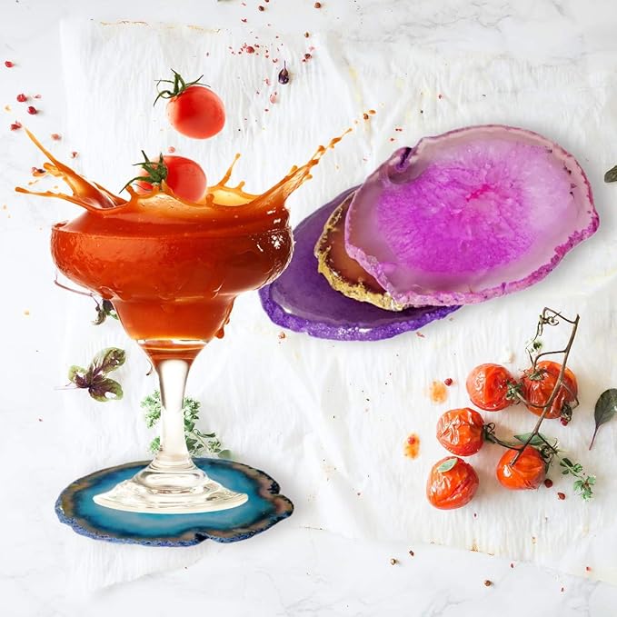 Agate Coaster for Drinks Mixed Color Crystal Coasters Set of 4 with Rubber Bumpers 3-4" for Coffee Wine or Bar Glasses