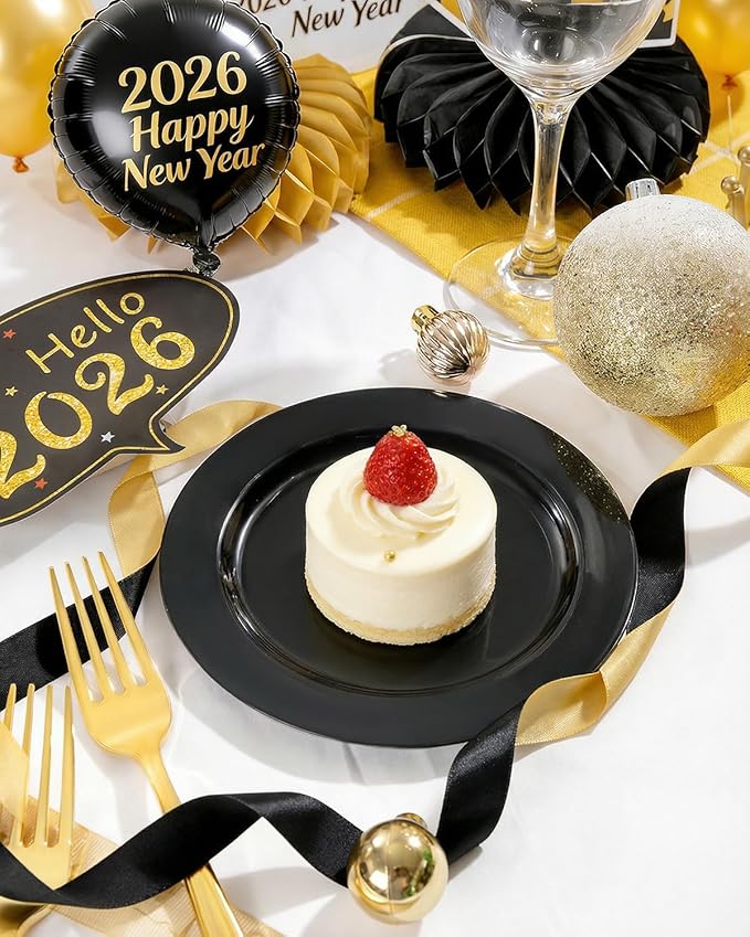 bUCLA 100 Pieces Black Plastic Plates - 6.25 inch Disposable Dessert/Salad/Appetizer/Small Cake Plates for Party, Graduation & New Year