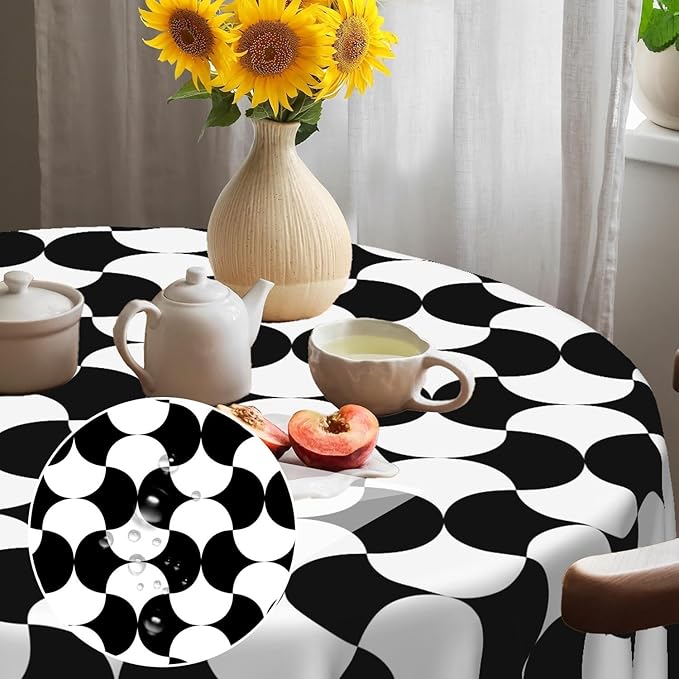 Laeacco 36 Inch Geometric Round Tablecloth Black and White Abstract Pattern Modern Art Print Table Cloth Washable Waterproof Wrinkle Free Table Cover for Kitchen Dining Picnic Party Decoration