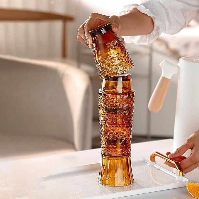Frcctre Set of 4 Koi Fish Design Drinking Glasses, Stackable Amber Tumbler - Image 5
