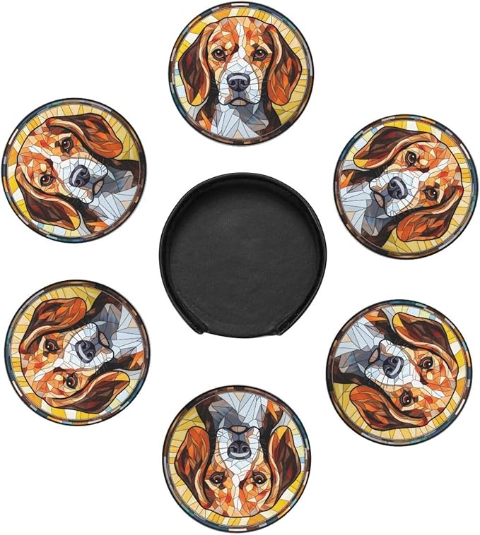 Drink Coaster Set of 6, Beagle Dog Mom Lover Gift,Leather Drink Coasters with Holder,6 Pack Cup/Bar/Drink Coasters for Table/Drinks/Coffee Protection Housewarming Gift