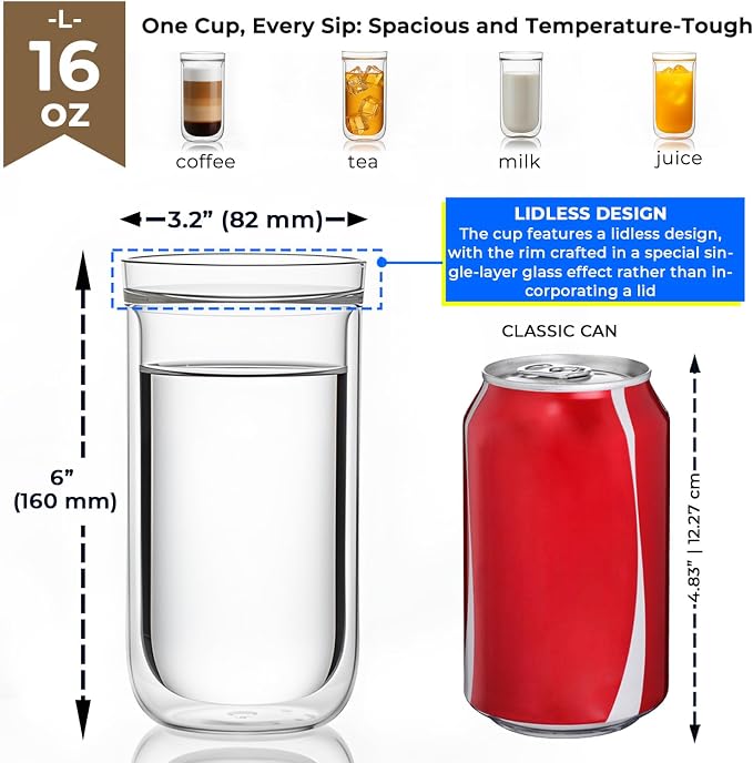 Aquach 16oz Double Walled Glass Coffee Cups Set of 2, Insulated Tumblers | - Image 4