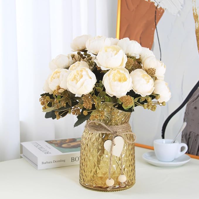 Faux Flowers in Vase,Fake Flowers in Vase 21 Pcs Faux Peony Flowers,Artificial Flowers for Home Decor, Indoor Centerpiece for Living Room & Dining Table (White)