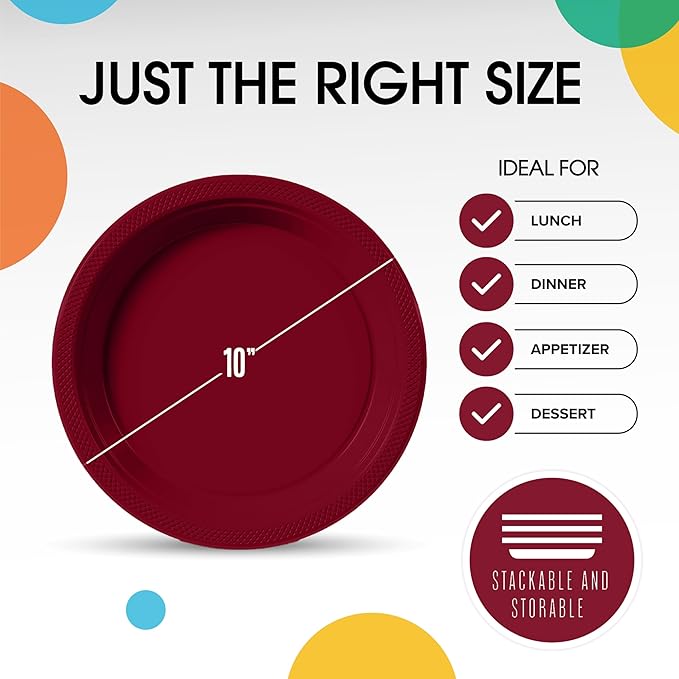 Burgundy Plastic Plates For Party 10" Burgundy Disposable Plates Heavy Duty Supplies 100 Pieces Plastic Dinnerware Sets Heavy Duty 350 GSM Disposable Dinnerware Set