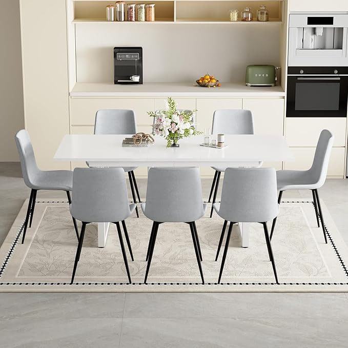 Extendable Dining Table Set for 8, 55"–71" Modern White Kitchen Table with 8 Upholstered Chairs, Space-Saving for Living Room Apartment, Sturdy & Comfortable, Easy Assembly