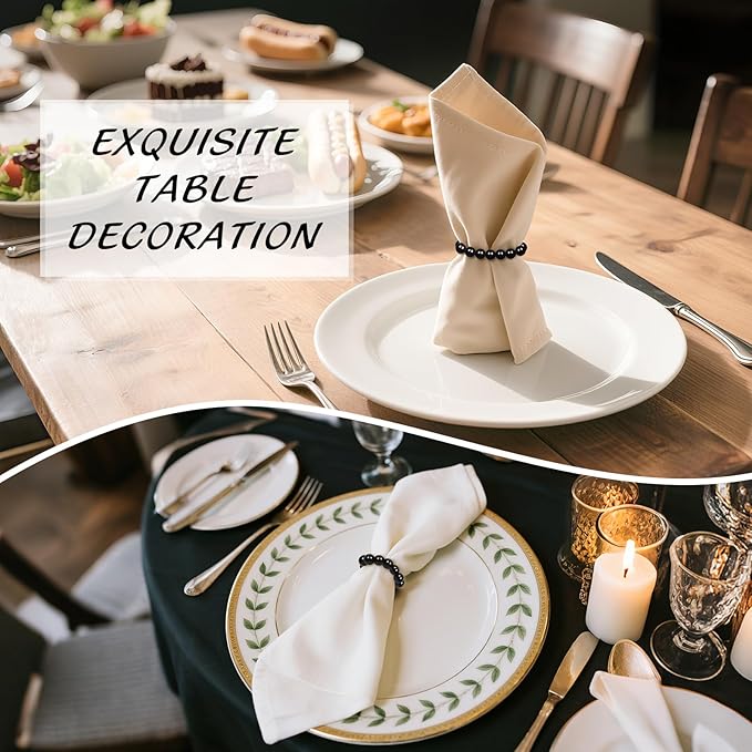 Napkin Rings Set of 12，Farmhouse Stretchable Wooden Bead Reusable Cloth Napkin Holders for Wedding, Christmas, Graduation & Dinner Parties Black Napkin Ring (12)