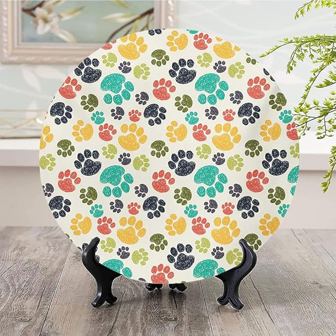 Ceramic Plates, Dog Lover Decorative Ceramic Plates, Cute Hand Drawn Paw Print Doodles, 10 Inch, Household Plates Decorative, Multicolor
