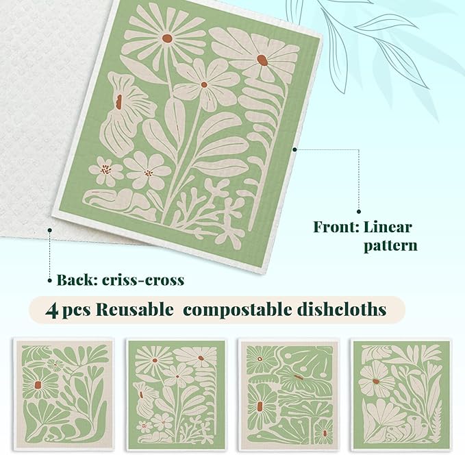Spring Flower Swedish Dishcloths for Kitchen, Boho Sage Green Swedish Dish Cleaning Cloths for Floral, 4 Pack Dish Towels for Kitchen, Papaya Reusable Paper Towels Washable
