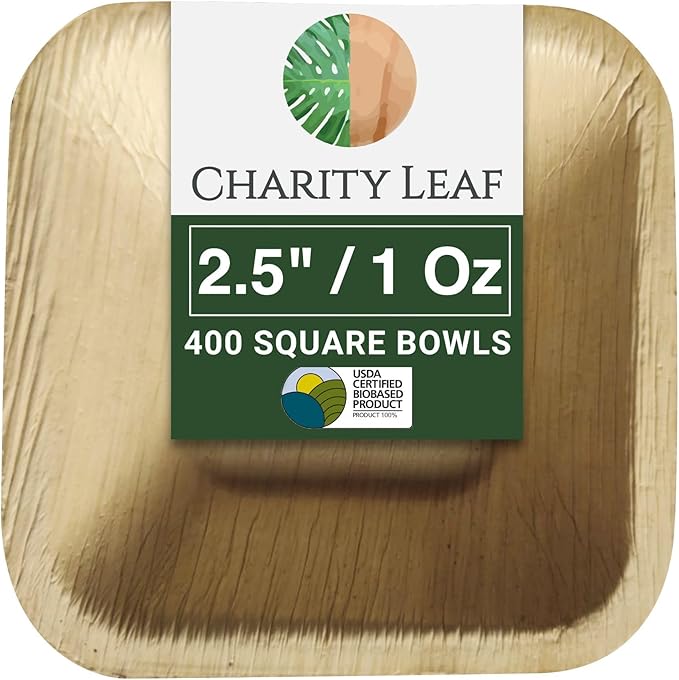 Charity Leaf Disposable Palm Leaf 2.5" Square Mini Bowl (400 pcs) Dipping Bowls | Bamboo Like| All Natural and Biodegradable | Charcuterie Boards, BBQs, and Parties