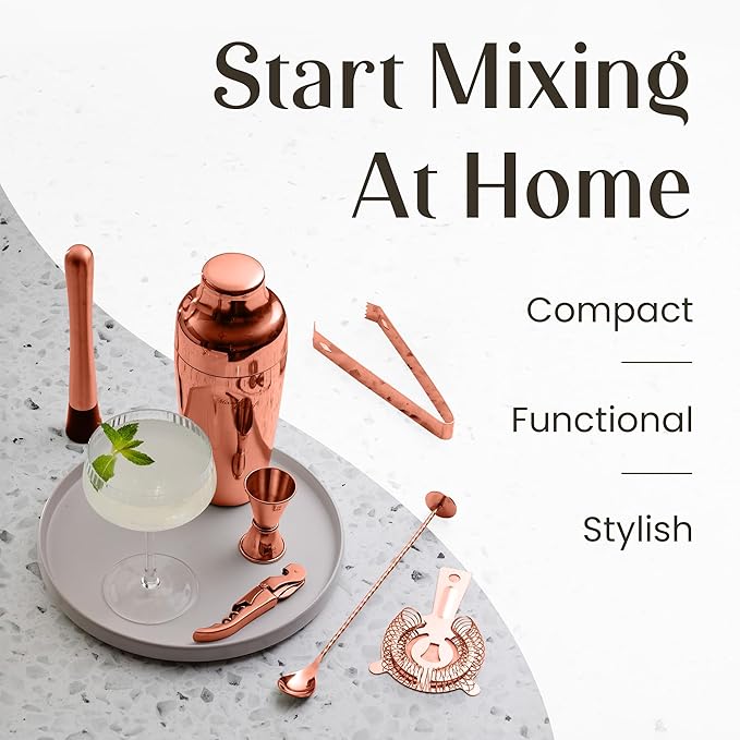 Mixology & Craft Cocktail Shaker Set with Bamboo Stand - Professional 10-Piece Bartender Kit - Complete Bar Set & Cocktail Mixer Kit for Home (Copper)