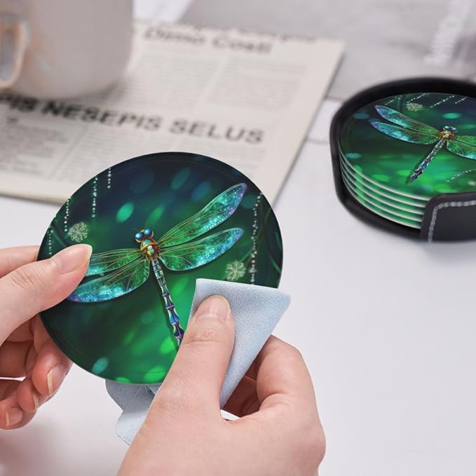 6 Pcs Fantasy Spring Dragonfly Leather Coasters - Image 6