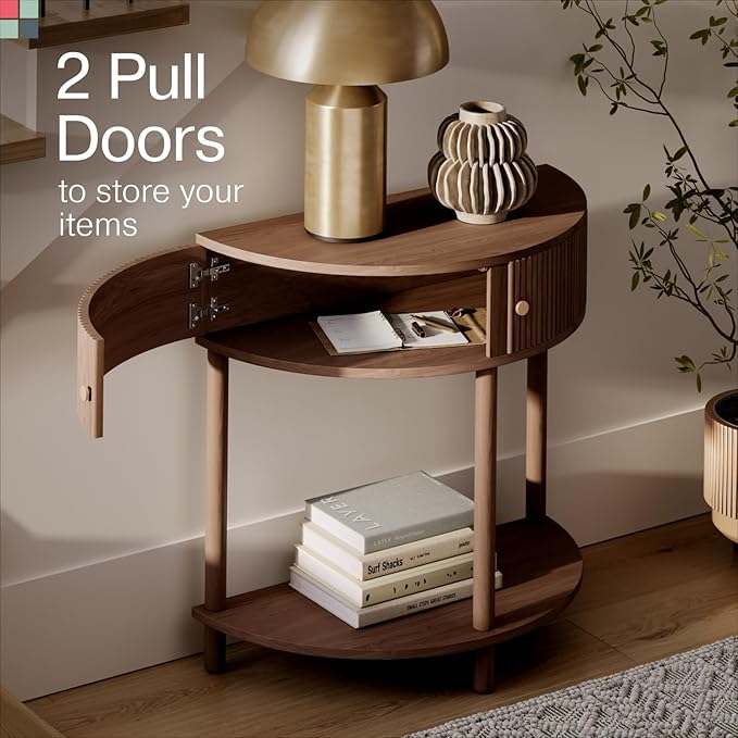 Fluted Half Moon Shaped Console Table - Small Entry Desk - Living Room Furniture - Modern Home Decor - Solid Wood Entryway Table with Two Doors and Brass Knobs (Walnut)