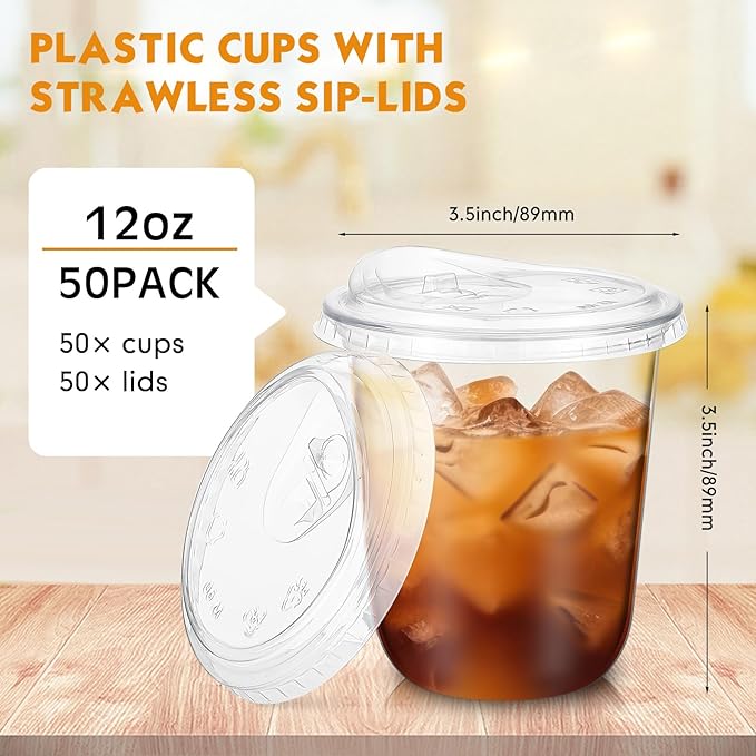 50 Sets 12 oz Clear Plastic Cups with Strawless Sip Lids, Thickened Clear Disposable Plastic PET Crystal Cups for Iced Coffee, Smoothie, Cold Beverage, Drink Shops and Party Catering