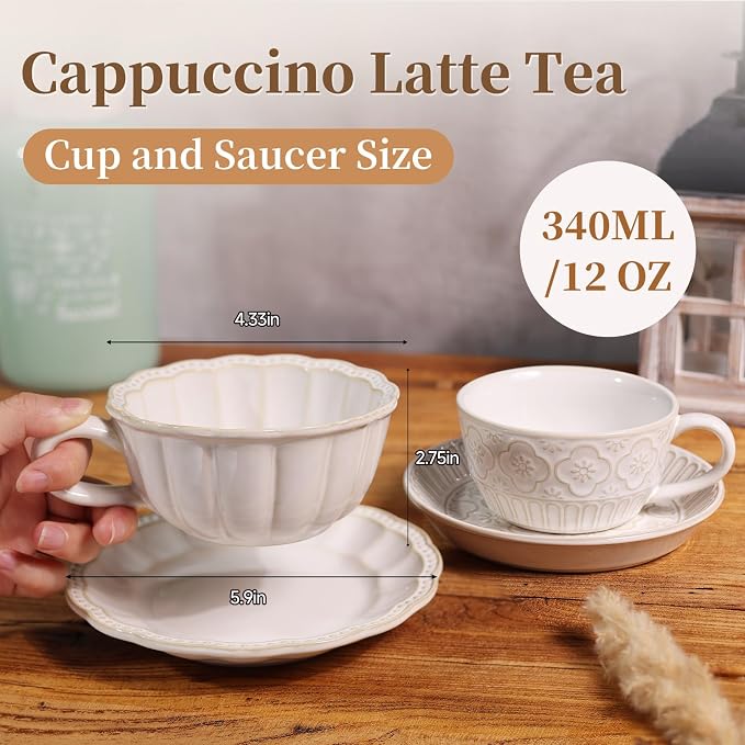 Latte Cup with Saucer, 12 OZ Cappuccino Cup Vintage Cafe Art Cups - Image 3