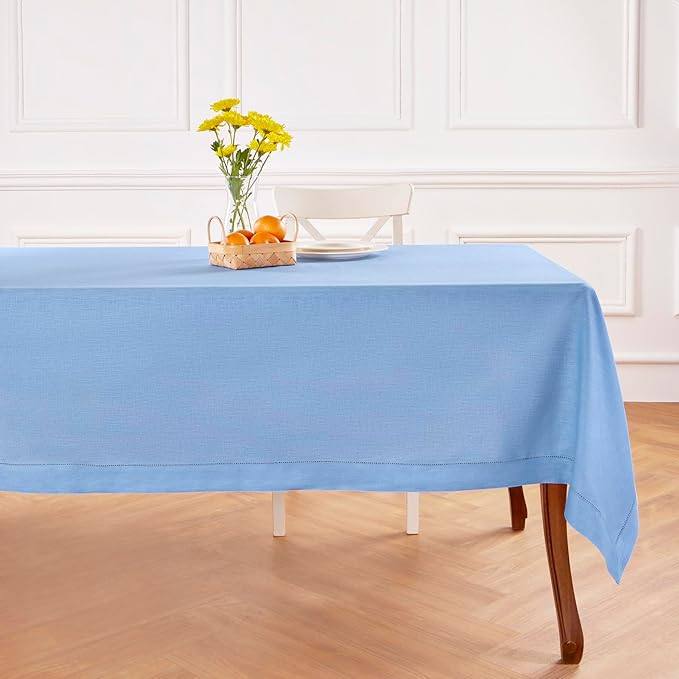 Solino Home Cornflower Blue Linen Tablecloth 60 x 132 Inch - 100% Pure Linen Hemstitch Table Cloth for Rectangle Tables - Classic Hemstitch, Machine Washable Tablecloth for Winter, Spring, Easter