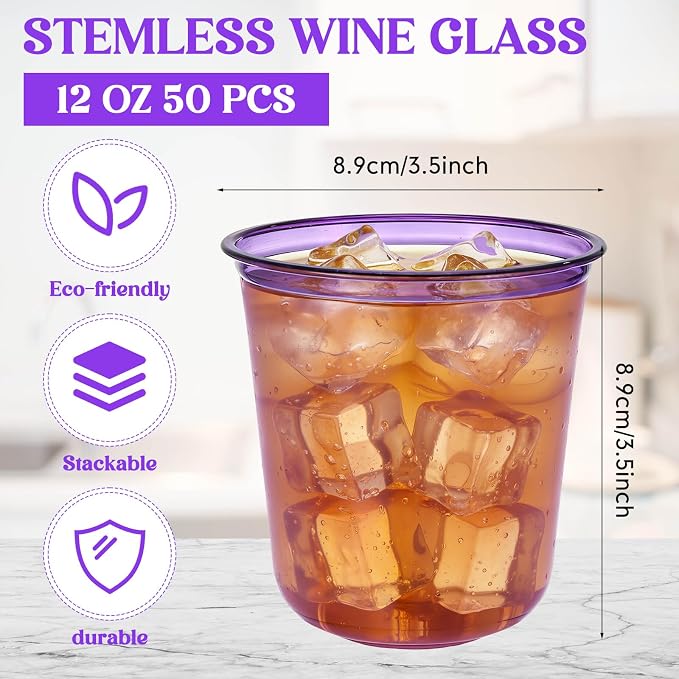 Ziliny 50 Pcs Disposable Stemless Glasses 12oz Crystal Plastic Wine Glasses - Image 3