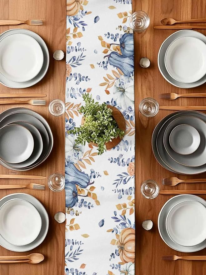 Blue Pumpkin Fall Table Runner 120 Inches Long, Thanksgiving Floral Eucalyptus - Image 7