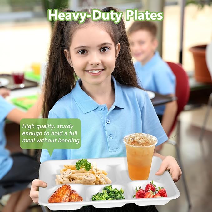 Compostable 5 Compartment Plates Disposable, 10.25 x 8.25 inch, [50-Pack] Heavy Duty Paper Plates with dividers, Sturdy School Lunch Trays, White Large Paper Dinner Plates for Buffet Party