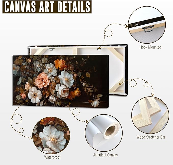 ADJUVANT Wall Art Vintage Floral Bouquet 48" L x 24" W, Old Fashioned Flowers Canvas Painting Romantic Artwork Classic Blooms Prints Botanic Wall Decor for Living Room Bedroom Dining Room Home Office