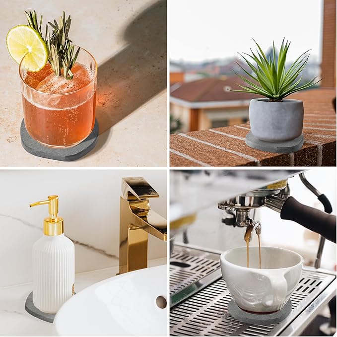 Diatomaceous Earth Coasters Set of 6 for Drinks, Moisture Water Absorbent Stone Coasters for Table Desk at Work, Water Absorbing Instant Drying Diatomite, Modern Deep Grey