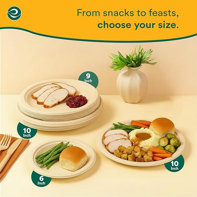 ECO SOUL 100% Compostable 10 Inch Paper Plates 200 [2x100 Pc] Disposable Party Plates I Heavy Duty Eco-Friendly Sturdy Dinner, Wedding, Event Plates I Biodegradable Unbleached Sugarcane Eco Plates