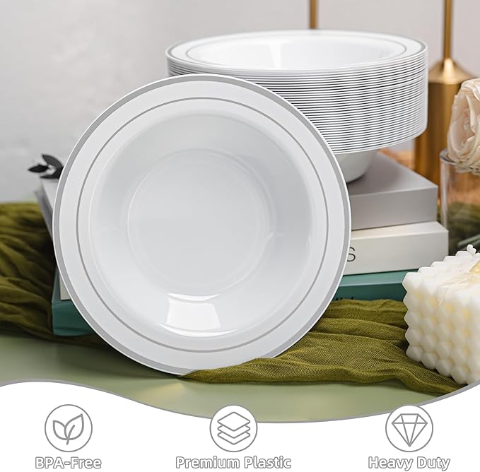 100 PCS Plastic Bowls with Silver Rim, 12oz Premium Heavy Duty Soup Bowls, Dessert and Salad Bowls for Party, Wedding and Holiday