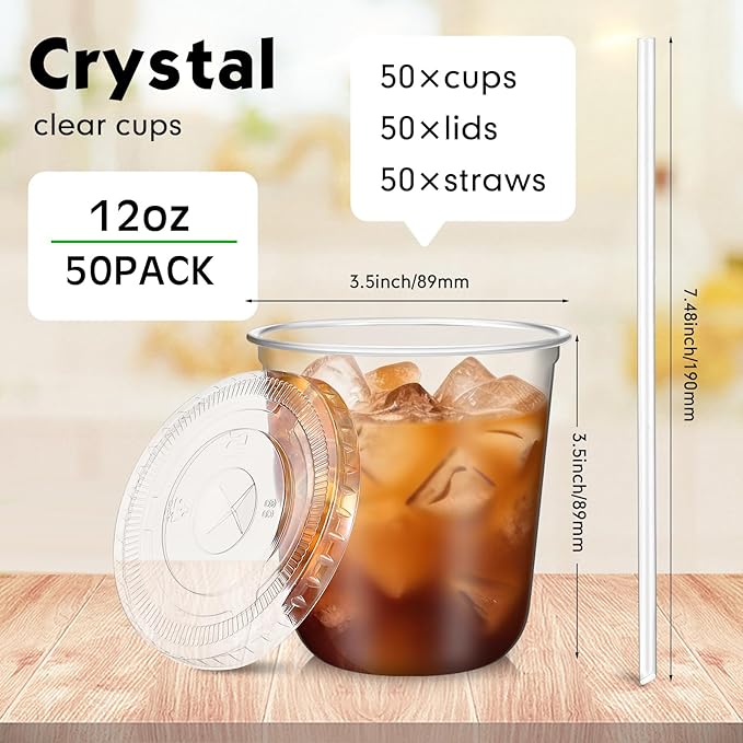 50 Sets Clear Plastic Cups with Lids and Straws, Disposable Iced Coffee Cups Drinking PET for Cold Drinks, Juice, Smoothie, Coffee Shops, Party, Christmas(Clear,12 oz)