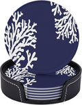 6 Pcs Coral Navy Blue Nautical Coastal Ocean Theme Marine Leather Coasters by CAPVKING