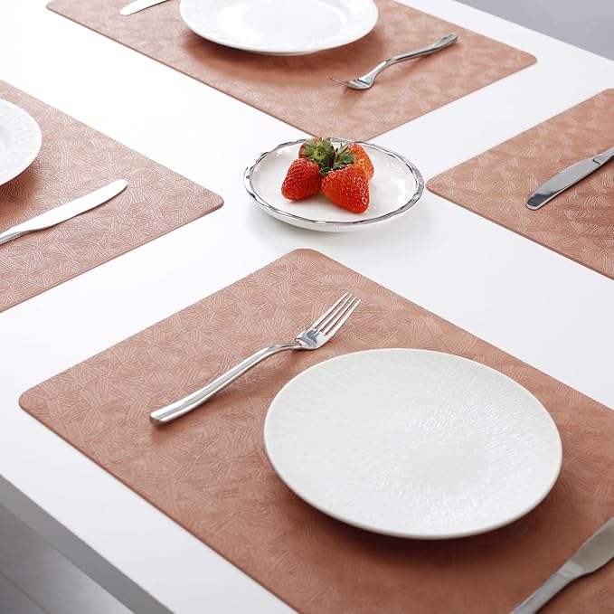 Vinyl Placemats Set of 8 Heat Resistant Easy Clean Non-Slip Place Mats for Dining Table. Faux Leather Waterproof Stain Resistant Wipeable Washable PU Table Mats(8, Coral)