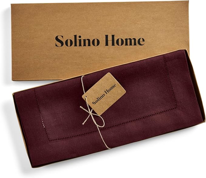 Solino Home 100% Pure Linen Table Runner Burgundy Hemstitch, 14 x 108 in | - Image 5