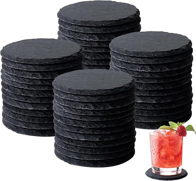 Slate Coasters Set of 48,4-Inch Black Round Stone Drink Coasters with Scratch-Resistant Backing, Durable Tabletop Protection for Home Office Kitchen, Ideal Housewarming Wedding Gifts