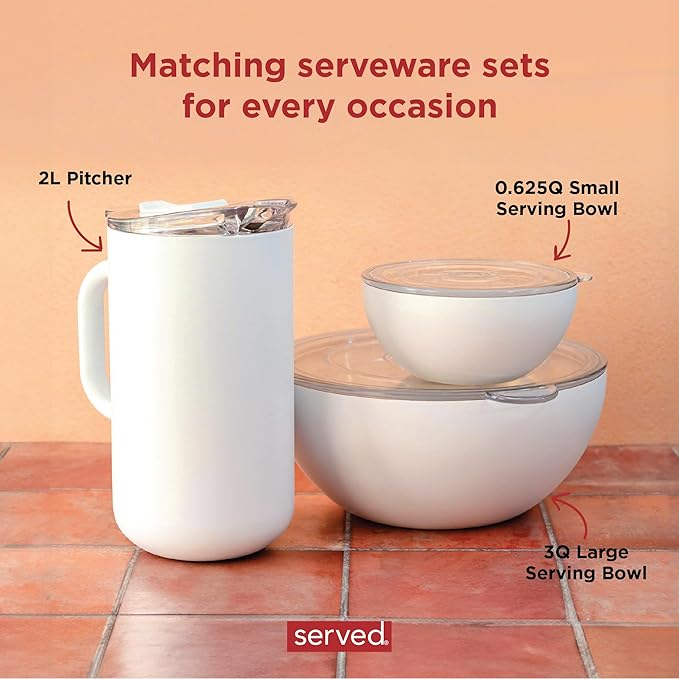 served Large Insulated Serving Bowl with Lid (100oz/3QT) - Double-Walled Stainless Steel Bowl for Hot & Cold Food - Vacuum Insulated, Spill-Resistant Thermal Bowl for Parties, Casseroles, Tailgates