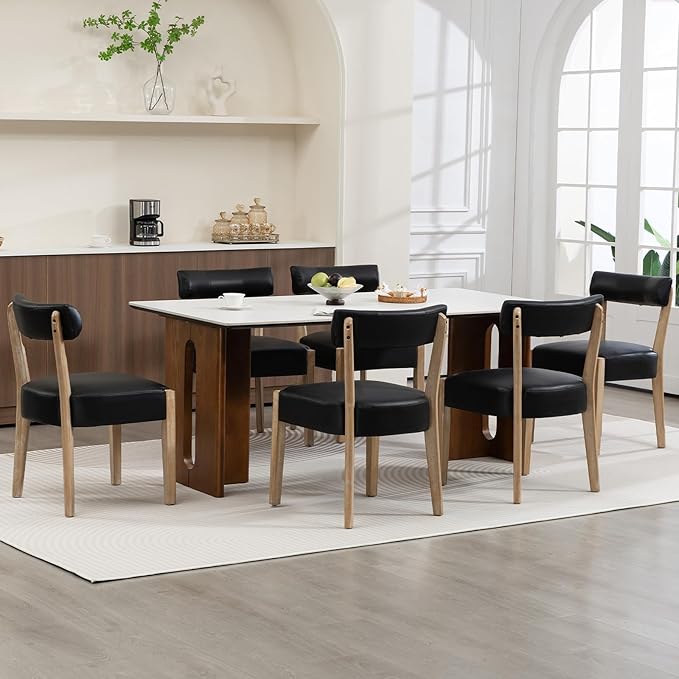 Modern Dining Chairs Set of 6 – Mid-Century Modern Faux Leather Upholstered Kitchen & Dining Room Chairs with Curved Back, Oversized Rounded Seat, Sturdy Wood Frame, Black