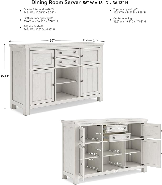 Signature Design by Ashley Robbinsdale Casual 4-Door Dining Server with Adjustable Shelves and Felt-Lined Drawers, White